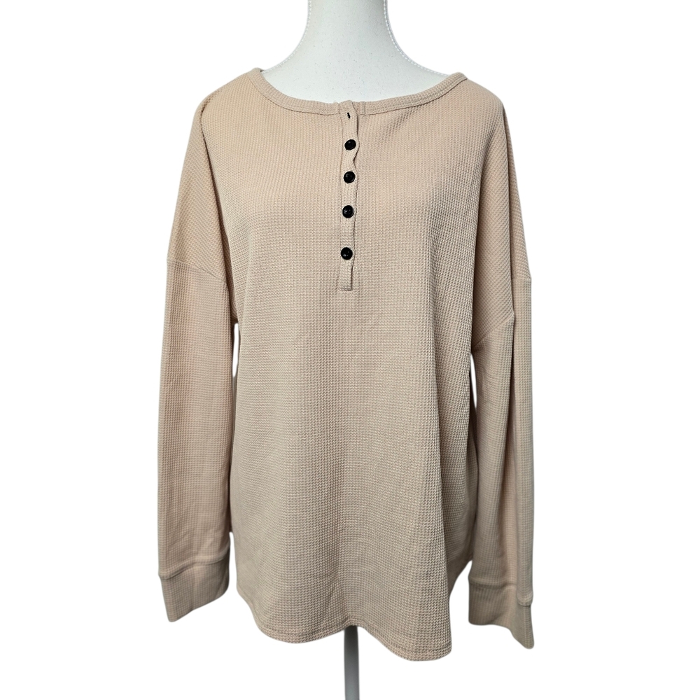 Famulily Cream Waffle Knit Henley Long Sleeve Top Women's XL Casual Cabincore